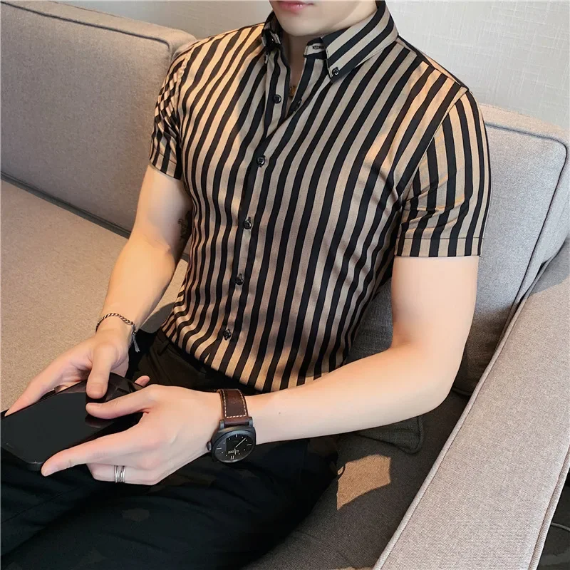 

Summer Striped Shirt for Men Short Sleeved Slim Fit Casual Shirts High-quality Business Social Dress Shirts
