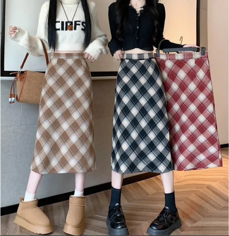 

Autumn Winter England Fashion Christmas Red Plaid Split Buttocks Skirt Medium Length Skirt Women's Straight Leg Skirt