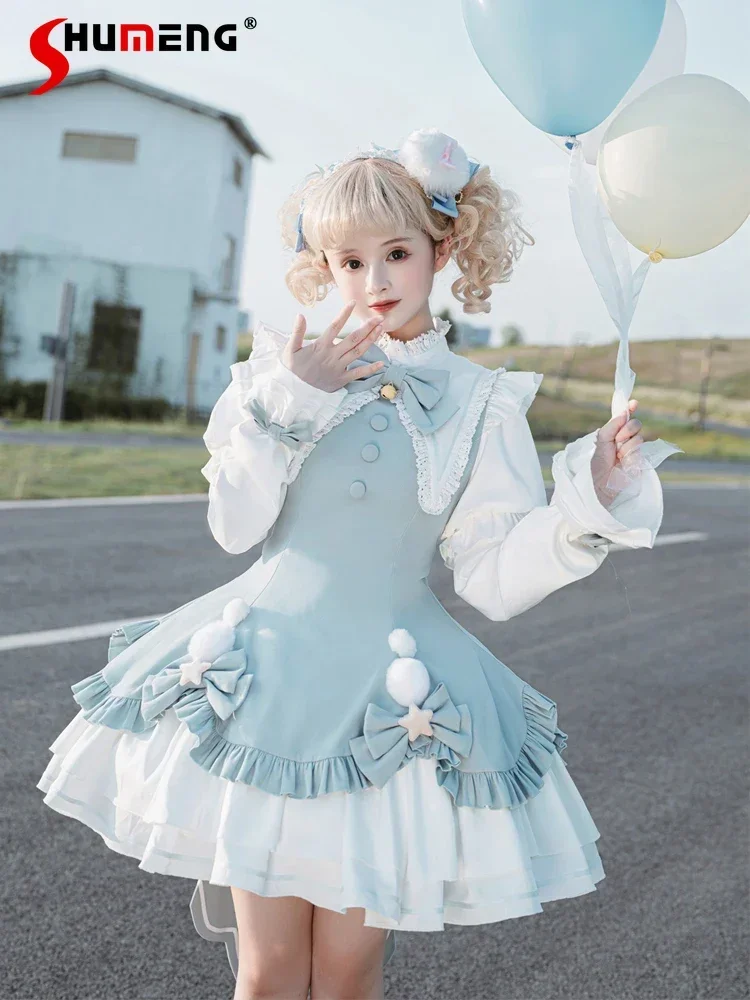 Original Lolita Girl Cute Fur Ball Dress for Women Christmas Princess Court Sweet Op Long Sleeve Crinoline Blue Back Bow Dresses