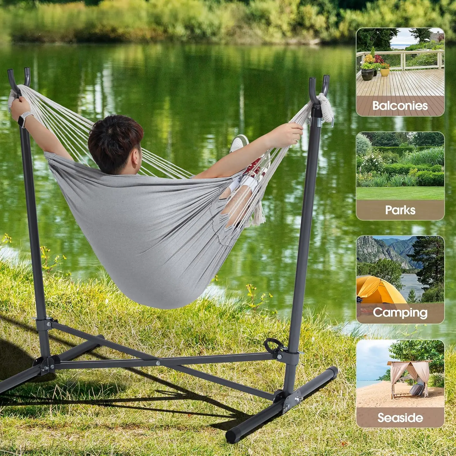 Hammock Chair with Stand. Hanging Chair. Macrame Boho. Adjustable Swing. Headrest & Side Pocket. 450lbs Capacity. Gray.