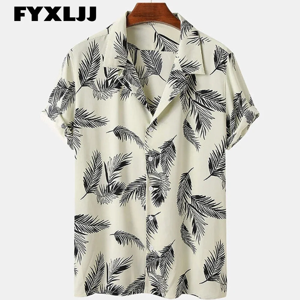 

FYXLJJ Men Short Sleeve Lapel Print Shirt Tropical Leaf Pattern Boho Shirt Male Casual Summer Hawaiian Holiday Camisa Tops S-3X