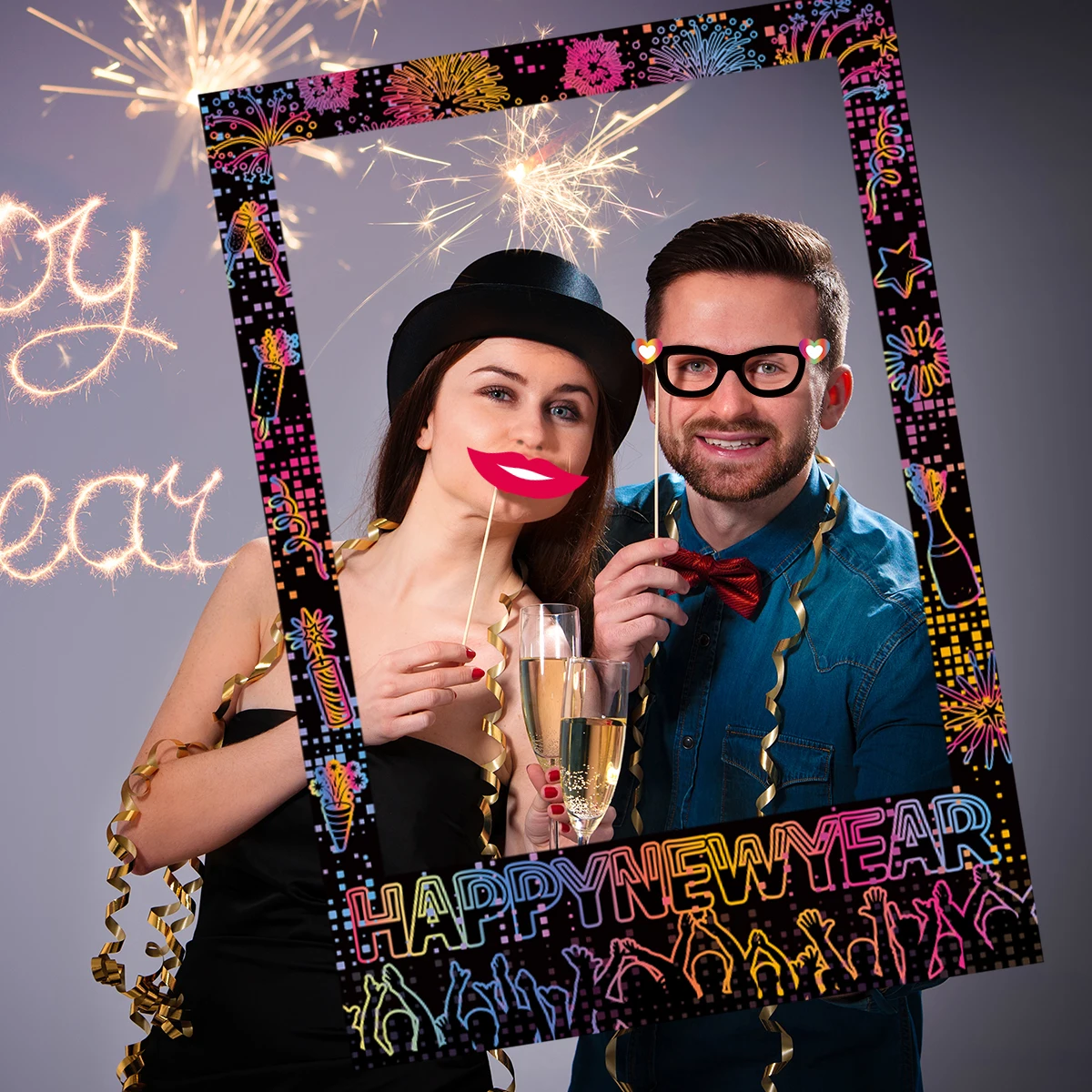 Party Photo Props 1set Happy New Year Paper Photo Frame colorful Photo Booth Props New Year Eve Party Decorations Photobooth Prop
