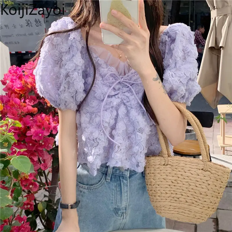 

Koijizayoi Sweet Women Cropped Blouse Short Sleeves V Neck Lady Chic Korean Drawstring Shirt All Match Solid Slim Blusas 2022