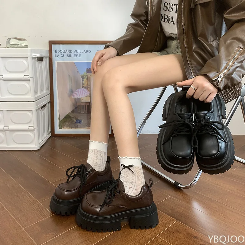 New Lace Up Thick soled loafers Retro Women's Leather Single Shoe Mary Jane Flats Shoe ladies Luxury Designer Shoes Zapatillas