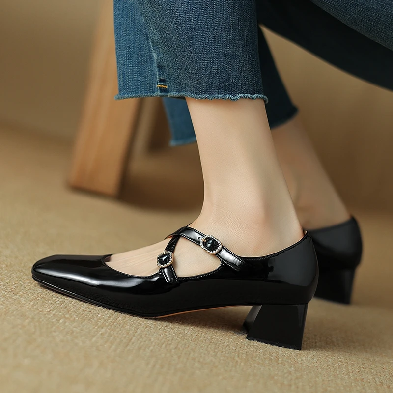 Women's New Spring and Autumn Square Head Genuine Leather Cross Belt Buckle Customized Large Medium Heel Mary Jane Single Shoes