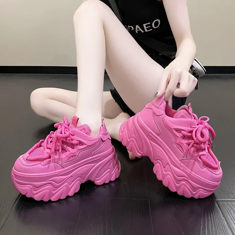 Hidden Heels White Chunky Sneakers Women Breathable Lace Up High Platform Shoes Woman 2025 Autumn Non-Slip Thick Bottom Sneakers 4