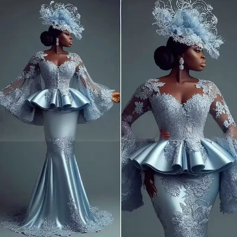 Aso Ebi Prom Dress Flare Sleeve Lace Mermaid Evening Dress African Formal Birthday Ceremony Party Gown 2025 Customized