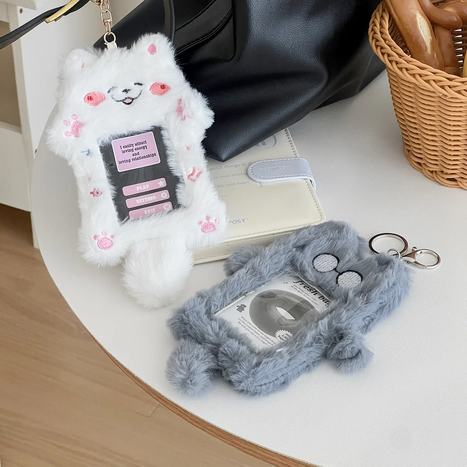 1pcs Plush Photocard Holder with Keychain, Cute Rabbit Plush Photocard Holder, Cartoon Card Cover Rabbit Photo Protective Case 2