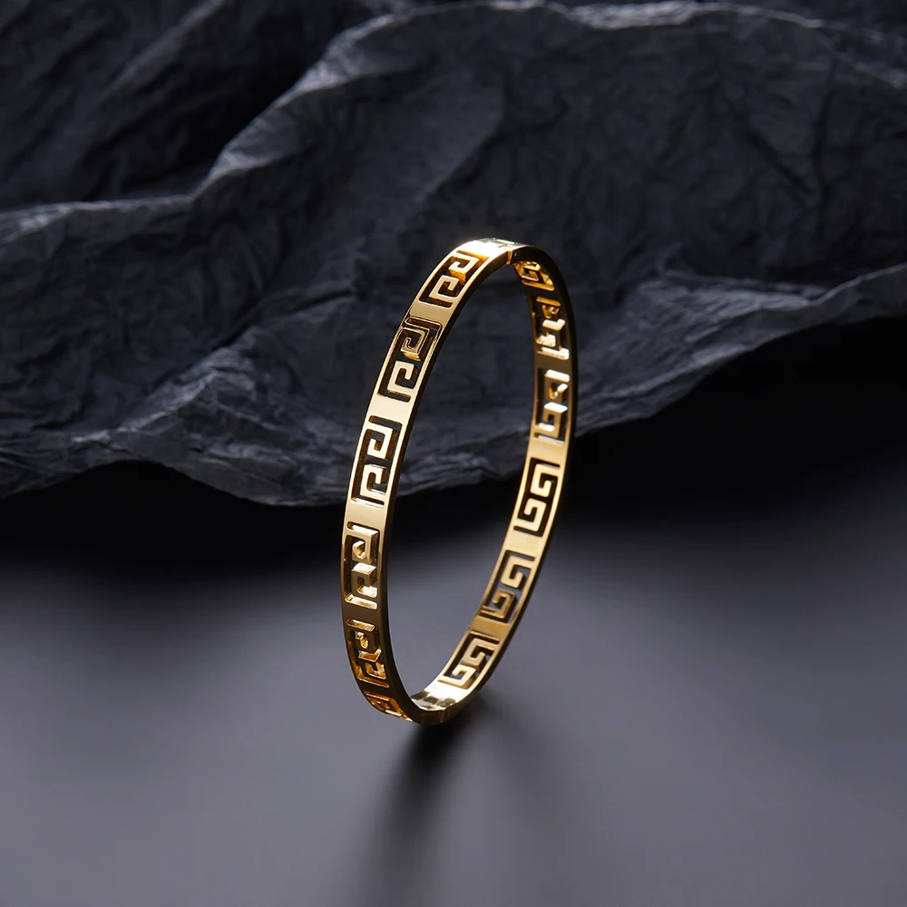 Simple Stainless Steel Hollow Bracelet for Women Luxury Hand Carved Patterns Bracelet Bangle Party Jewelry Gift