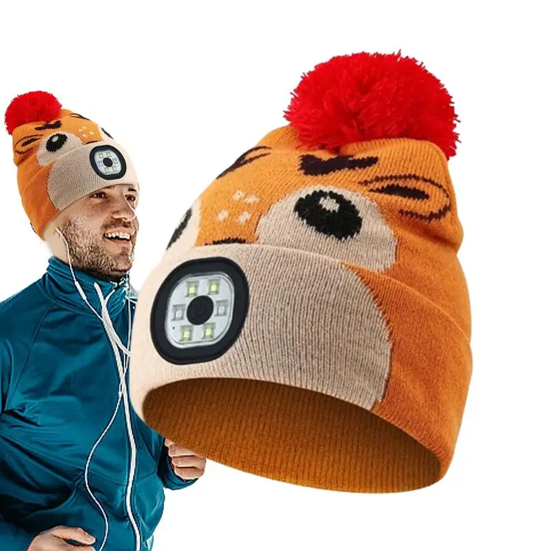 

LED Headlamp Winter Hat Rechargeable Winter Headlamp Caps With Fur Ball Removable Knitted Hat For Riding Fitness Washable