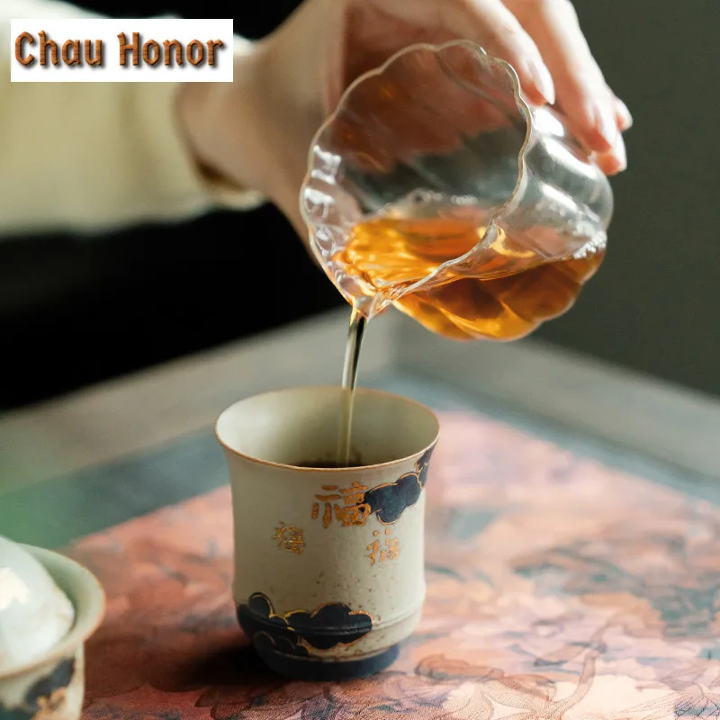 95ml Blue And White Flint Red Teacup Handmade Gold Drawing Auspicious Clouds Master Cup Personal Coffee Mug Water Jug Drinkware