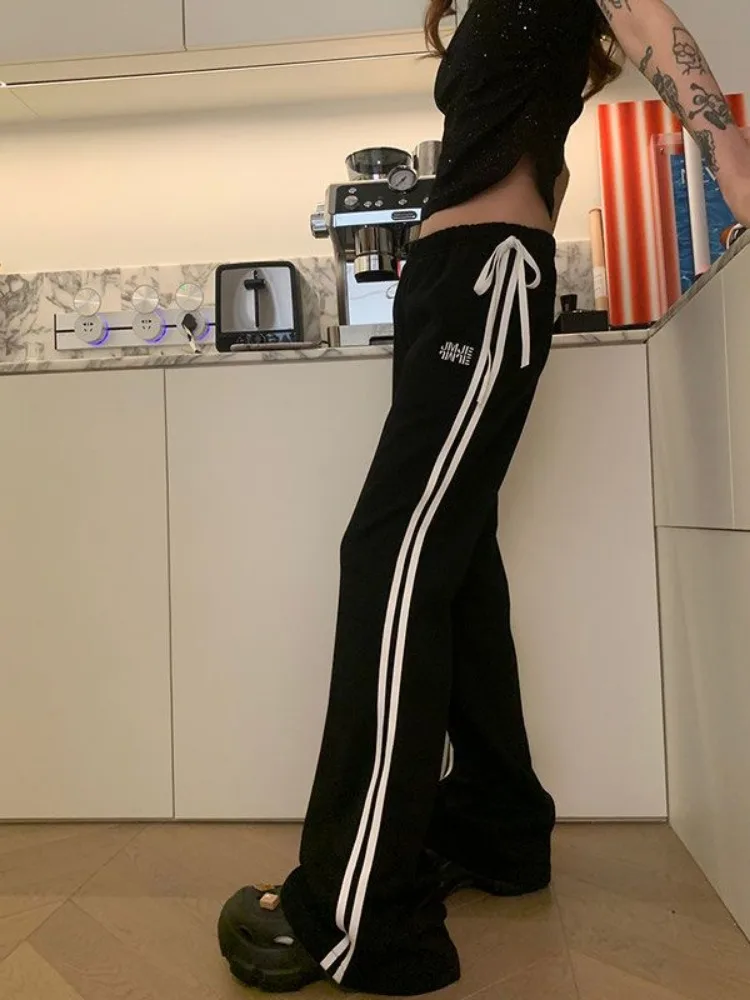 HOUZHOU Y2k Black Striped Sweatpants Woman Korean Fashion Spring Gyaru Wide Leg Sports Pants Streetwear Harajuku Trouser Kpop