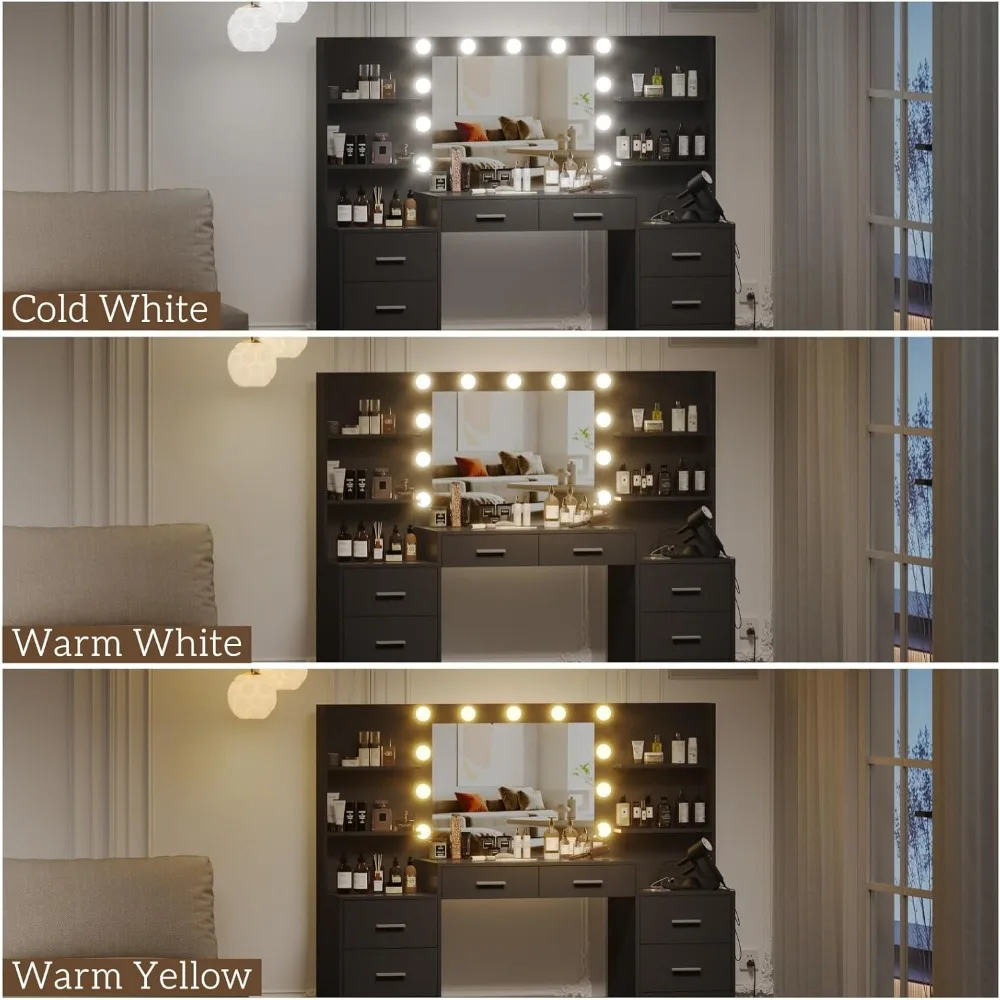61.9‘’L Vanity Desk with Mirror & Lights, Charging Station, Makeup Desk with Drawers & Open Storage Shelves,Bedroom Vanity Table 5