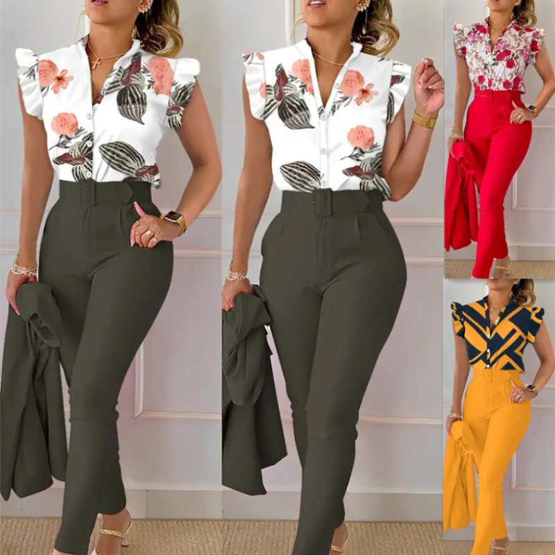 

Summer Fashion Print Two Piece Set Women Casual Button Flying Sleeve Shirt Pants Two Piece Set Women