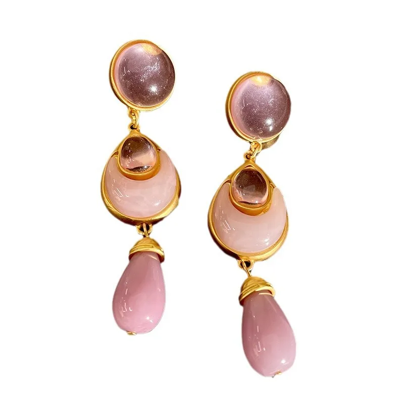 Women Crystal Drop Earrings Antique Pink Contrasting Color Retro Water Dangle