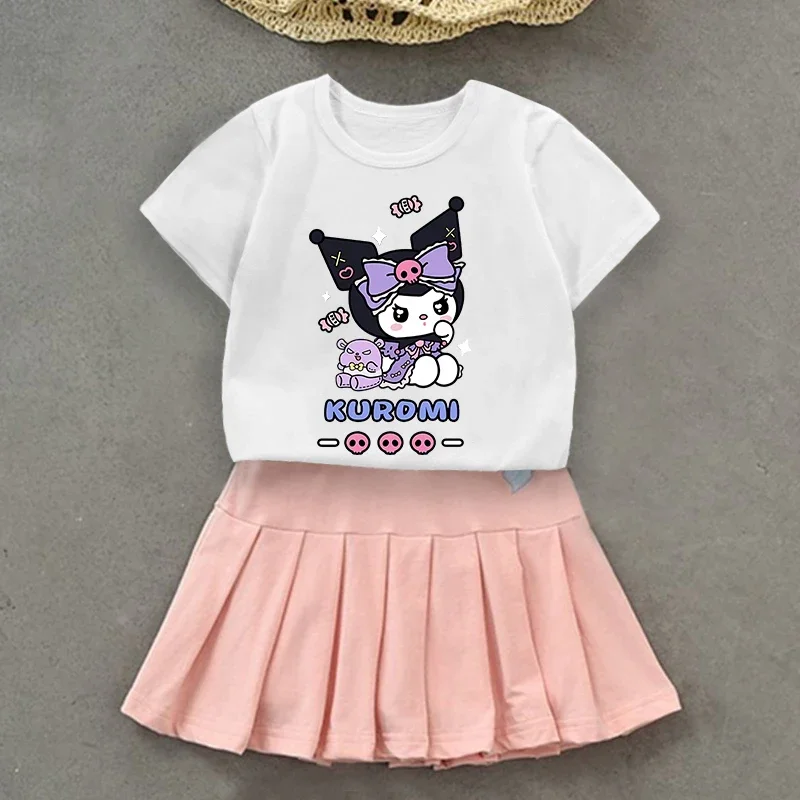 Hello Kitty Kuromi Kids Girls Student Uniform Skirts T Shirt Pleated Culottes Child Summer Skirt with Inner Safety Pant Dress 5