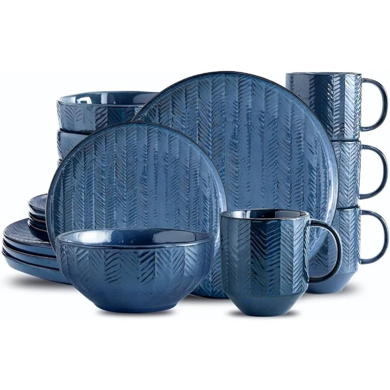 

XMSJ dishes Ceramic Dinnerware Sets of 16, Plates and Bowls Sets for 4, Kitchen Dish Set with Dinner Plates, Pattern (Blue)