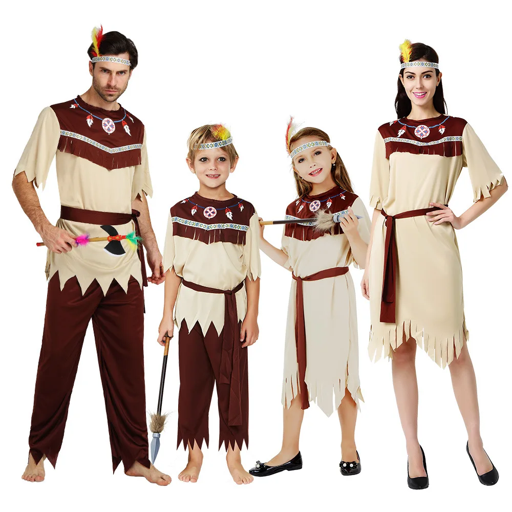 Adult Children's Halloween Cosplay Costumes Grey White Indian Clothing Indigenous Costumes Masquerade Dance Performance