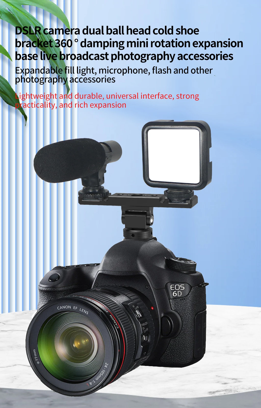 Double Cold Shoe Adapter 1/4 ARRI Mount Extension Bar 360 Rotatable Bracket for