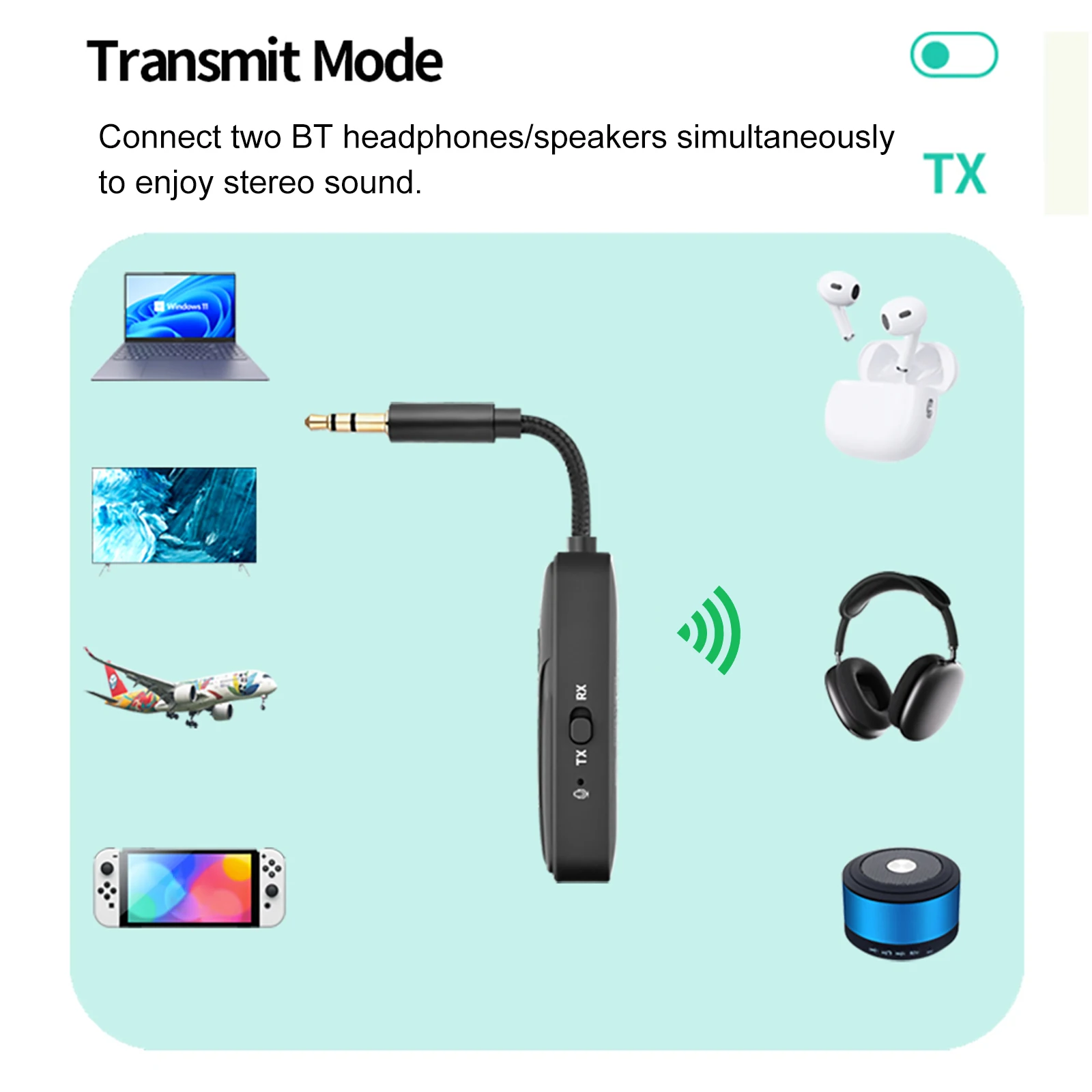 블루투스 6.0 AUX 오디오 송수신기 2 in 1 무선 어댑터 3.5MM 마이크 내장 하이파이 스테레오 음악 (자동차, TV, PC, 트레드밀용)