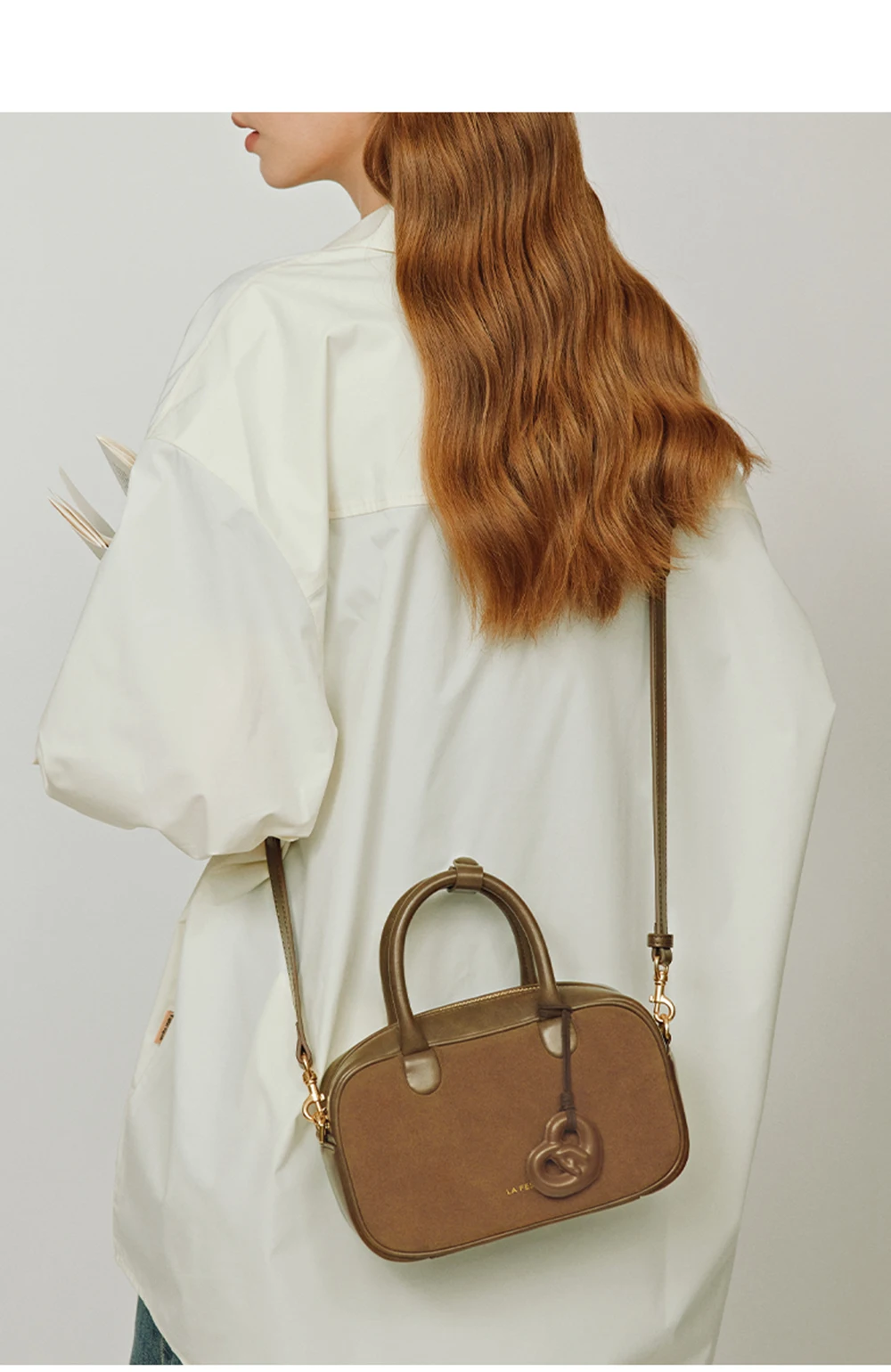 Leather bag angled view