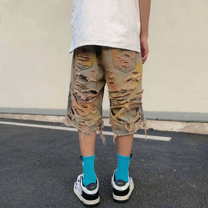 Destroy Ripped Big Holes Spliced Denim Jeans Shorts Hip Hop Loose Short Pant Harajuku Half Baggy Jeans Mens Summer Casual Shorts