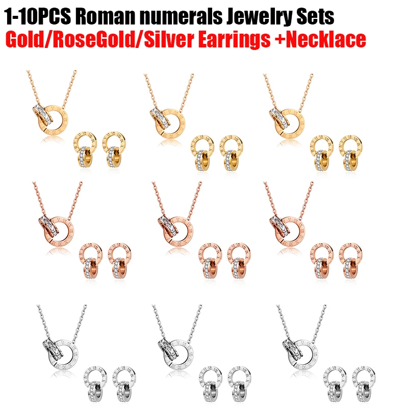 1-10PCS PAXA Classic Roman Numeral Crystal Stainless Steel Earrings Necklace for Women Luxury Elegant Fashion Party Jewelry Gift