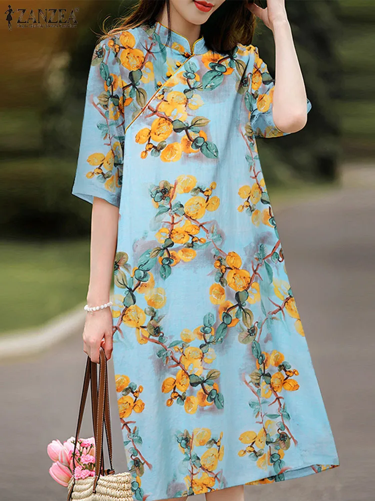 

ZANZEA Women Flower Printed Midi Dress Bohemian Knot Buttons Cheongsam Sundress Retro Style Pocket Long Robe Casual Loose Dress