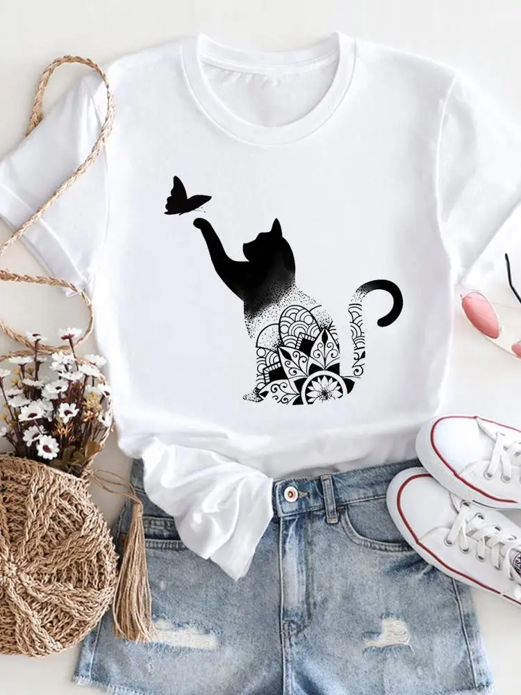 

Футболка женская с цветочным принтом, Стильная Милая Повседневная рубашка с коротким рукавом, с принтом кота, на лето