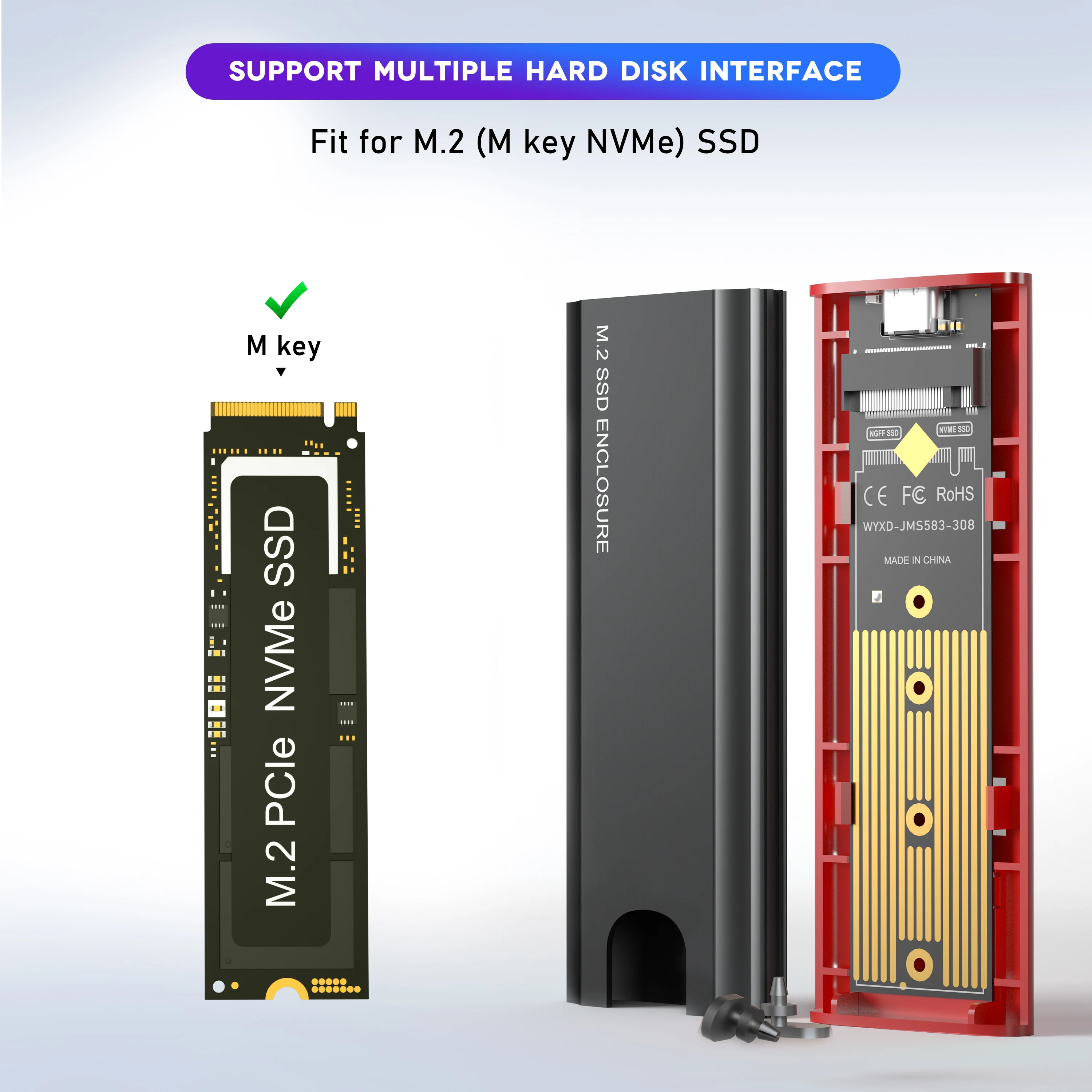 M2 NVMe SSD Enclosure 10Gbps SSD Box M.2 NVME NGFF SATA to USB 3.1 Enclosure Tool Free External Adapter Type-C Cable