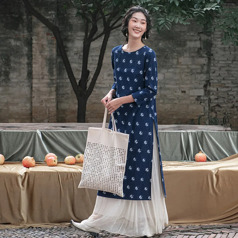 

A Life On The Left Women Dress 2023 Spring Summer Long Sleeves O Neck Handmade Plant Dyeing Butterfly Print H-shaped Skirt