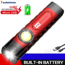 

Brightest LED Flashlight 4 Modes USB Rechargeable Waterproof Torch with Pen Clip Side COB Light Outdoor Camping build-in battery