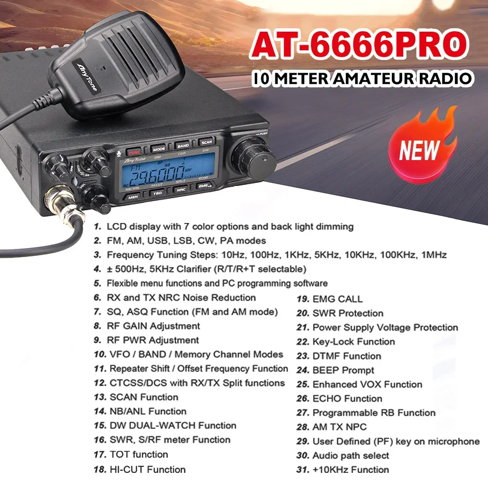 New AnyTone AT-6666 Pro 10 Meter Radio High Power 80W/50W Mobile Radio SSB(PEP)/FM/AM/PA/VOX/NRC Mode Long Range Two Way Radio 2
