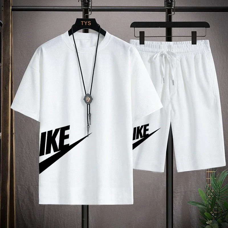 

2024 Men's Clothing Summer Fashion Casual sportswear set Short sleeve Waffle T-shirt + Shorts Jogging gym two-piece set