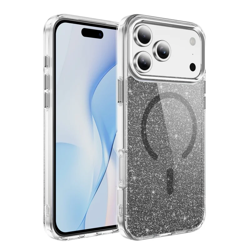 Glitter Clear MagSafe Magnetic Phone Case with Alloy Buttons and Anti-Fall Protection