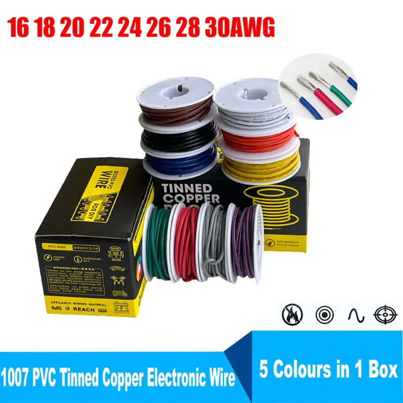 

DIY 30 28 26 24 22 20 18 16 AWG (5 Colour Box) 1007 PVC High Quality Stranded Cable Tinned Copper Electronic Wire