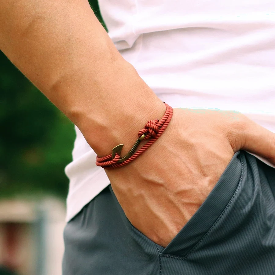 Men Adjustable Rope Bracelet With Fishing Hook Charm