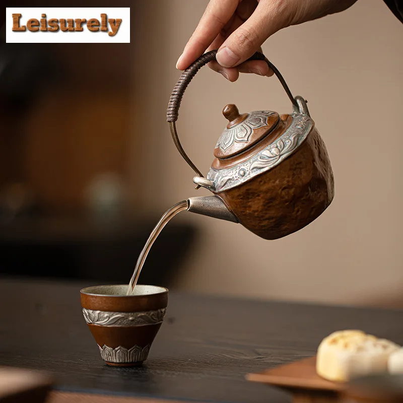 Antique Gilded Silver Lotus Ceramic Teapot Japanese Tea Infuser Pot Tea Maker Kettle with Ball Hole Cafes Accessories Ornaments