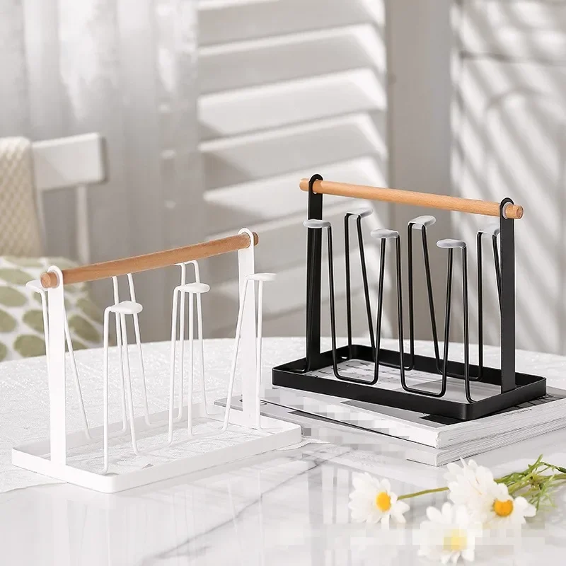 Household Glass Wooden Rack Water Storage Drying Rack Tea Cups Drain Shelf Desktop Cups Organizing Rod Kitchen Accessories 3