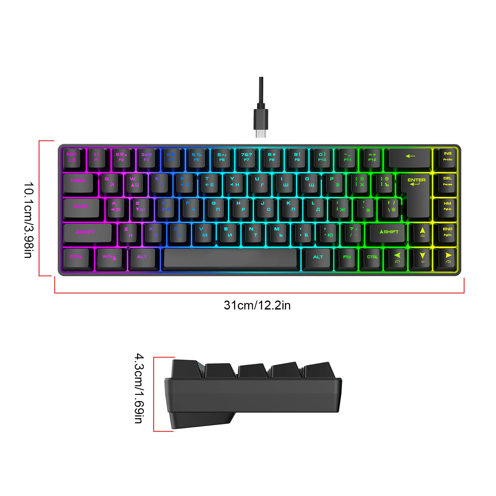 Wired Keyboard for Computer Russian English Dual Language Keyboard 68-Key RGB Backlit Gaming Mechanical Keyboard for Gaming