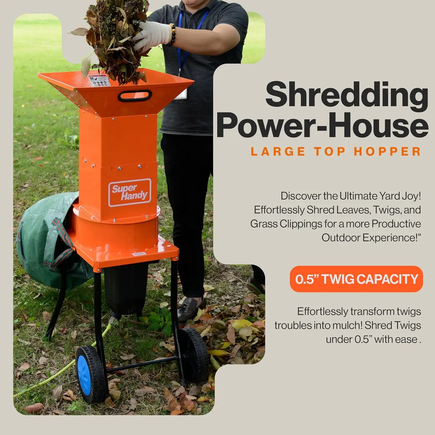 Leaf Mulcher Shredder Electric 120V AC 11 Inch Cutting Blade 5 Inch Cutting Capacity Heavy Duty Green and Waste Management