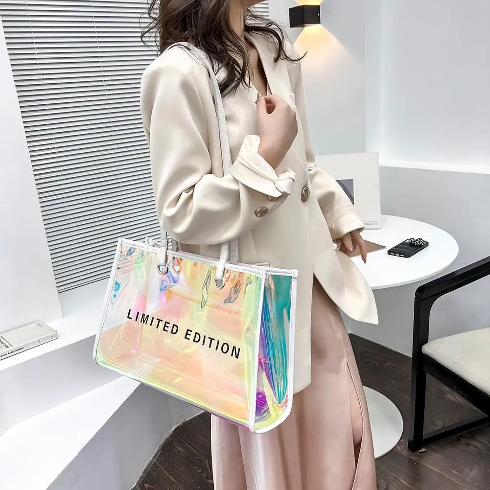Female Casual Laser PVC Clear Summer Holiday Beach Portable Clutch Tote Bags for Christmas Birthday Party Gift