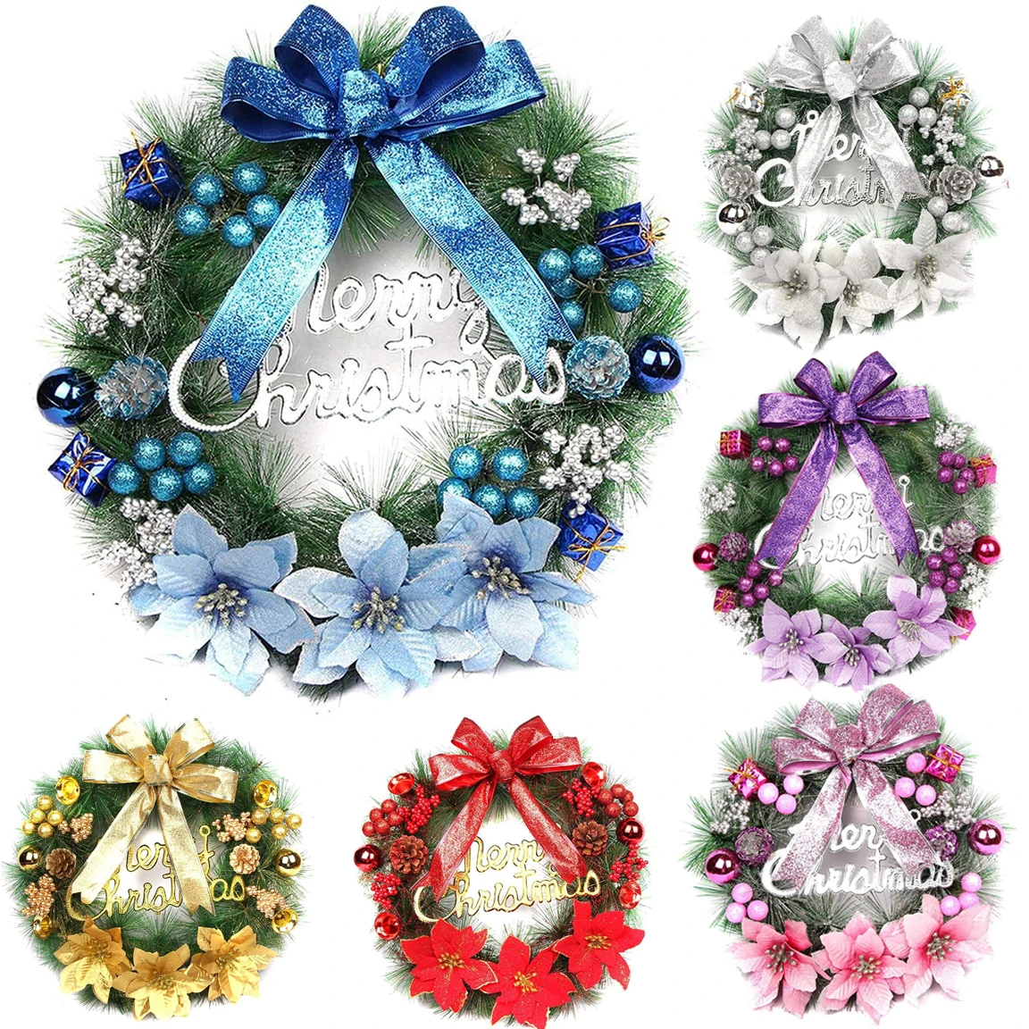 Blue Christmas Wreaths for Front Door Winter Artificial Christmas Garland Decoration with Bow Flowers Ball for Christmas Decor