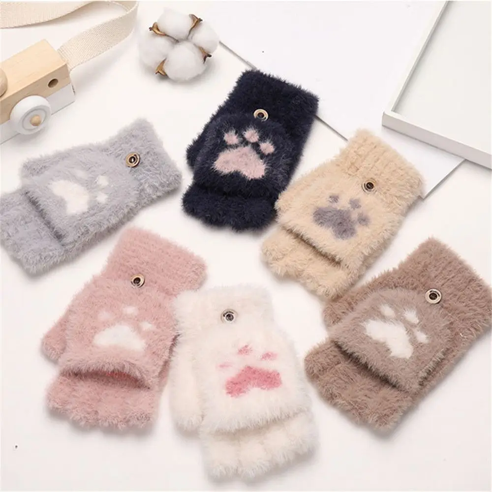 

Thick Winter Warm Women Girls Fluffy Cat Plush Mittens Woolen Knitted Finger Gloves Half Finger Gloves