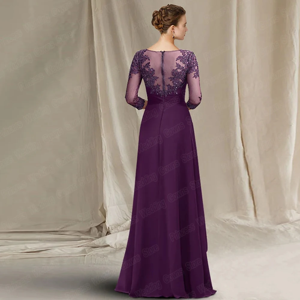 Long Wedding Guest Party Dress for Woman Appliue Floor Length Chiffon Formal Mother Of The Bride Gown Plus Size A Line 3/4 Sleeve mother bride dresses