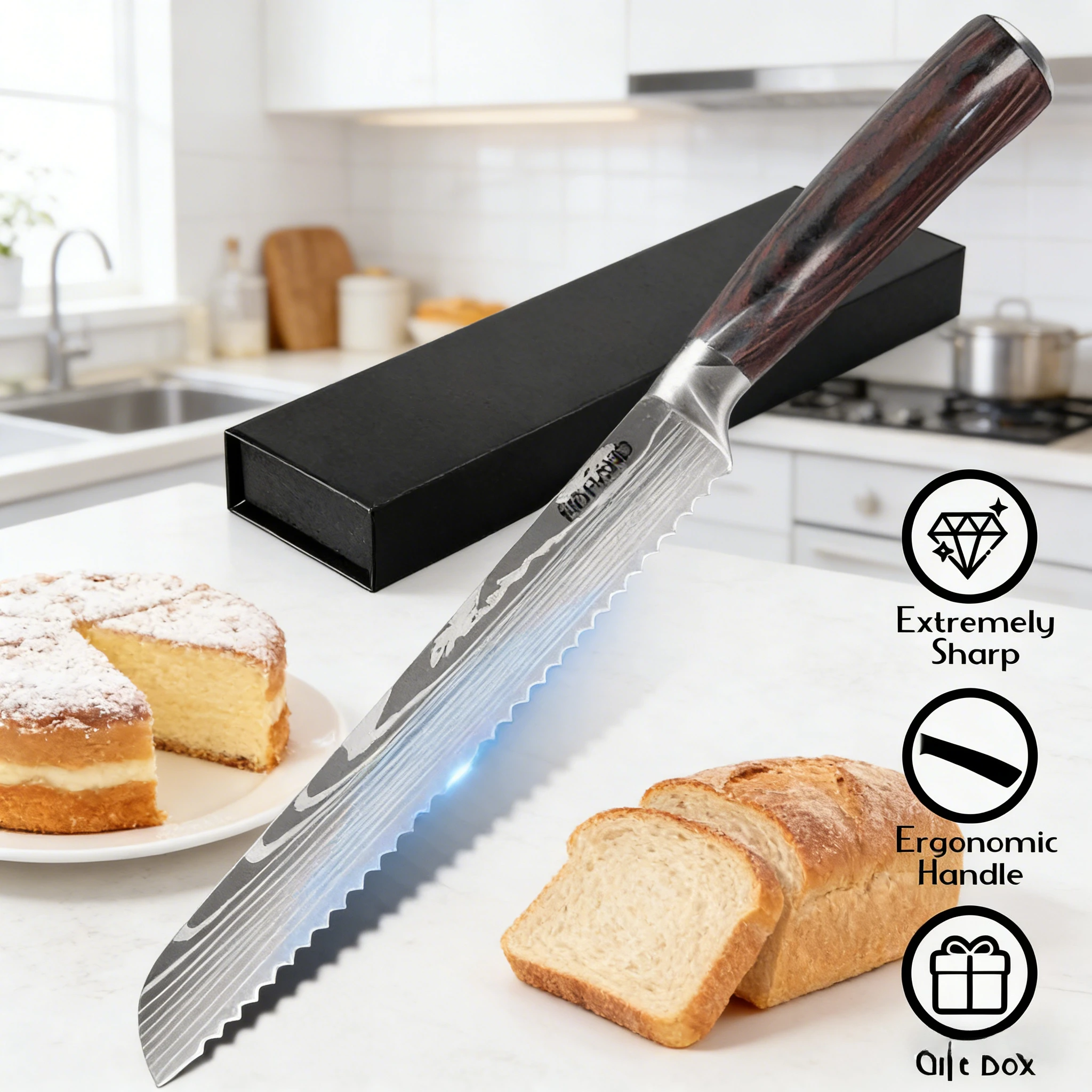 10-Zoll Gezahntes Brotmesser, Ultrascharfer 7CR17 Stahl mit Lasermuster, Rutschfester Griff, Professioneller Kuchenschneider für Knuspriges Brot und Pizza