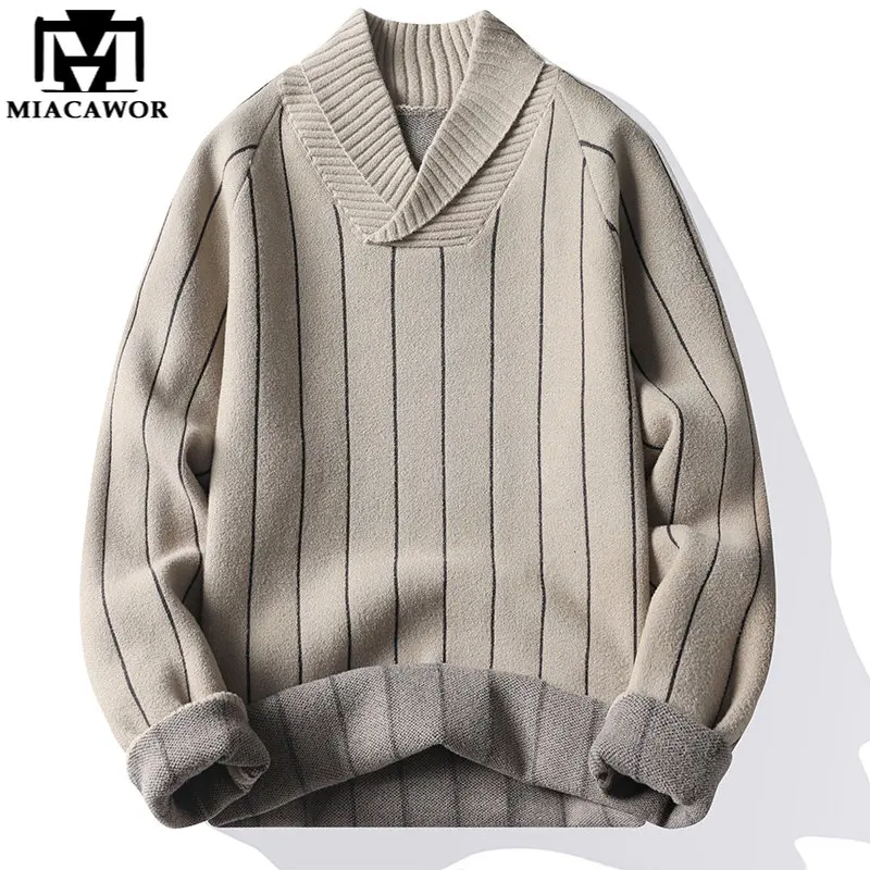 

New Brand Design Wool Sweater Men Autumn Winter Warm Striped Knit Pullover V-Neck Casual Jumper Mens Clothing Y588