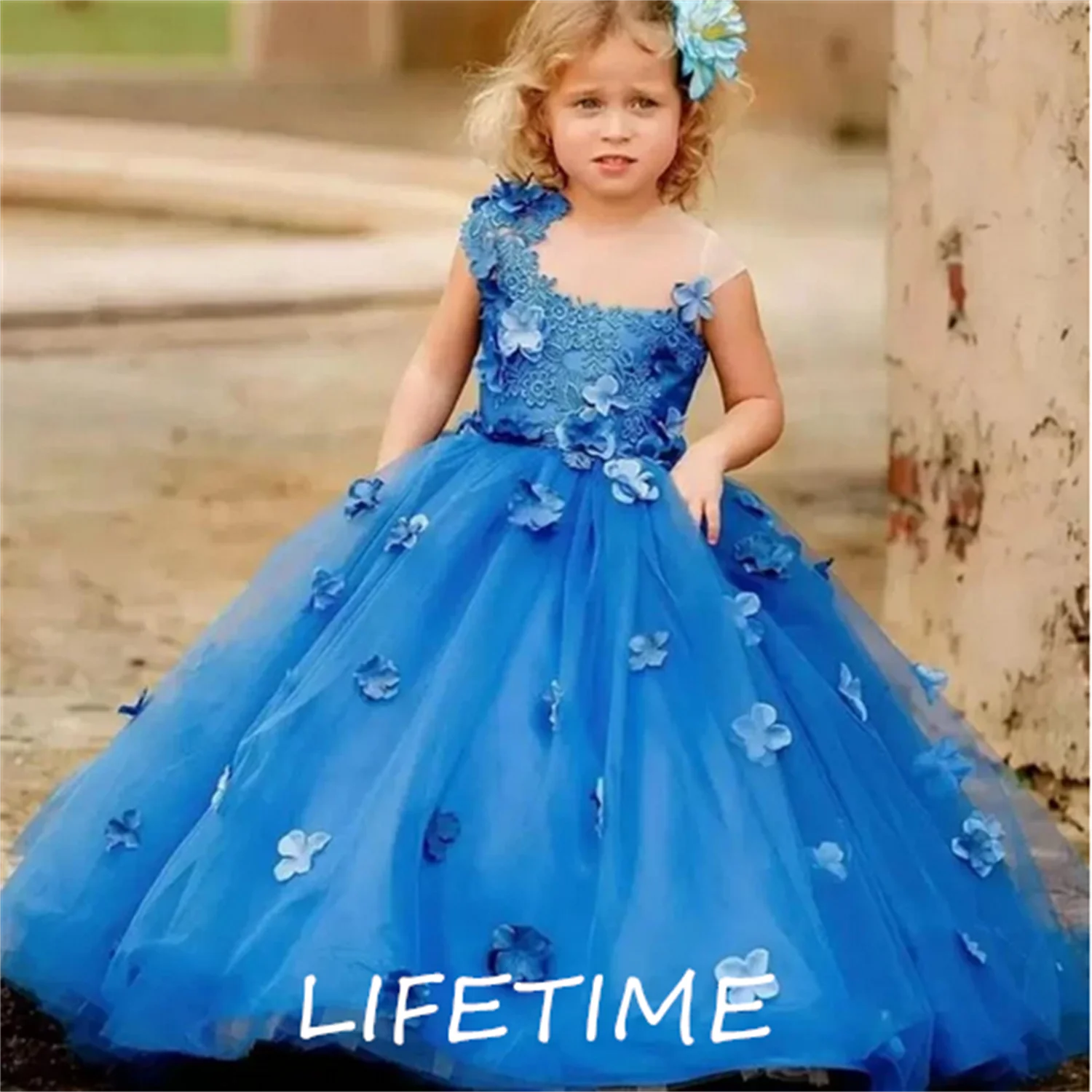 

Royal Blue Puffy Flower Girl Dresses For Wedding 3D Appliqued Ball Gown Pageant Party Tulle Dress Kid First Communion Dress