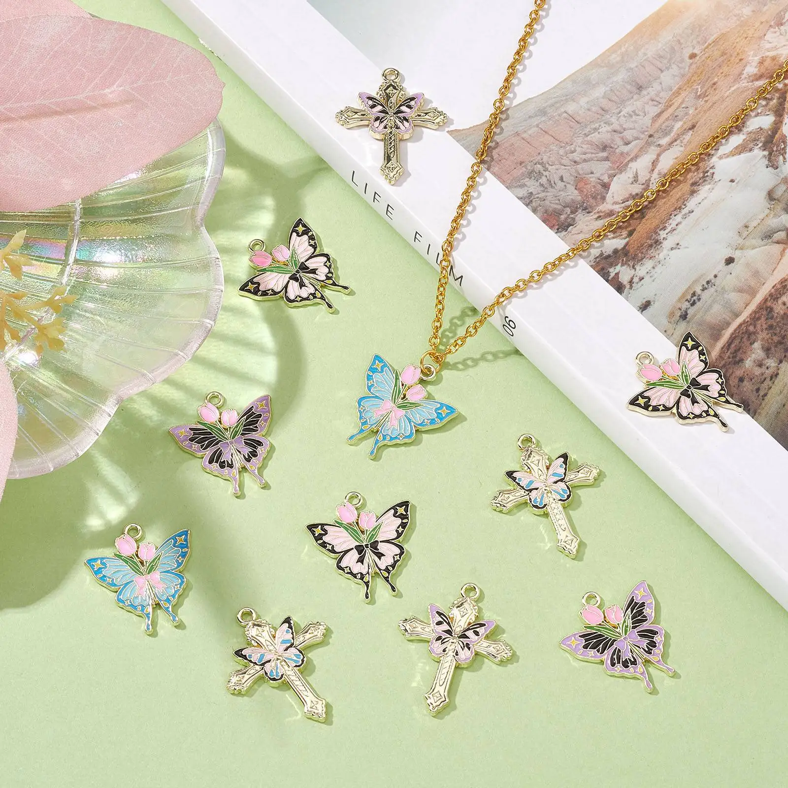 30Pcs 6 Styles Enamel Butterfly Charms Insect Animal Charms Butterfly with Rose Cross Charms for Crafts Jewelry Making DIY