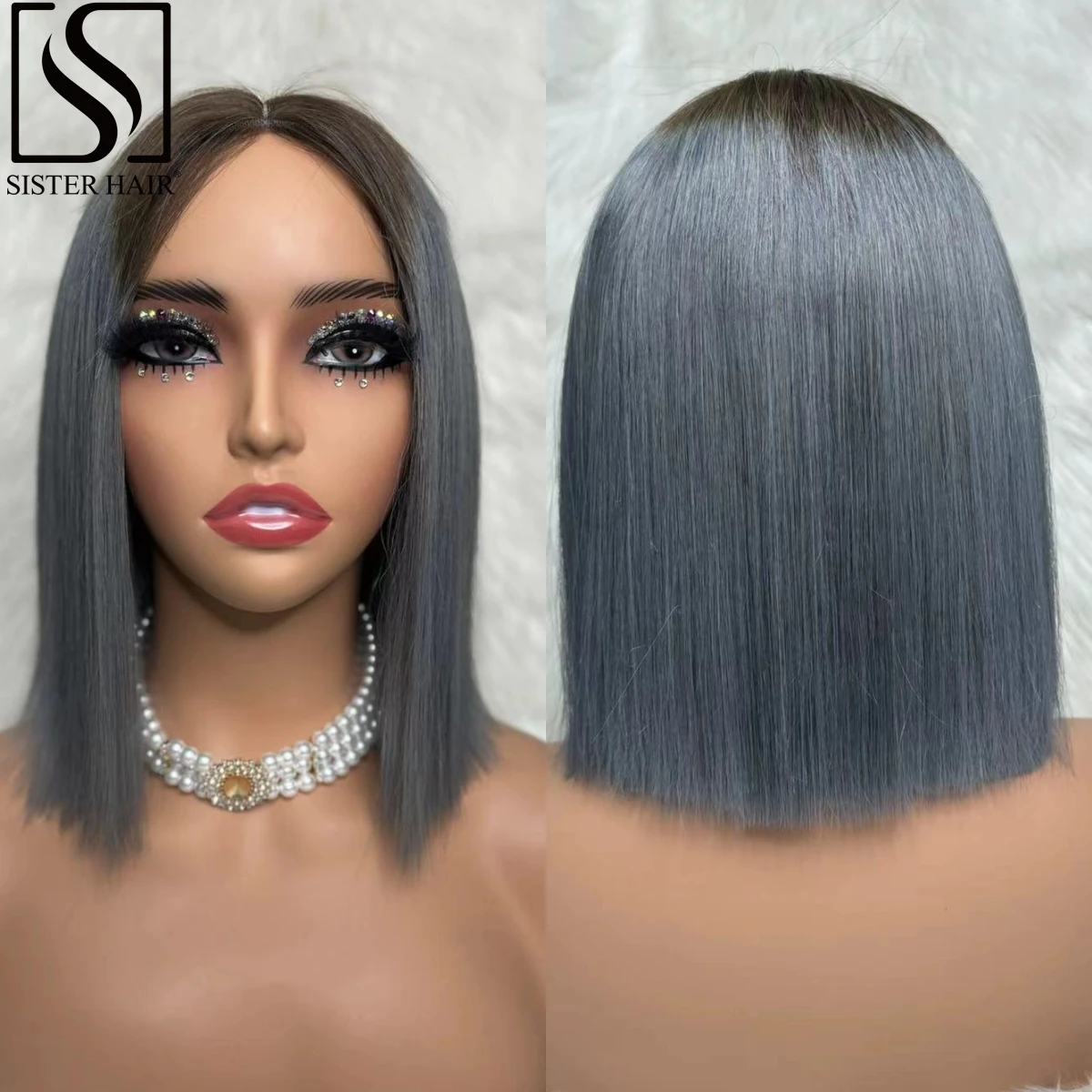 

180% Density Straight Grey Bob Wig Human Hair Wigs 2x6 Lace Short Straight Colored Bob Wig PrePlucked Brazilian Virgin Hair Wigs